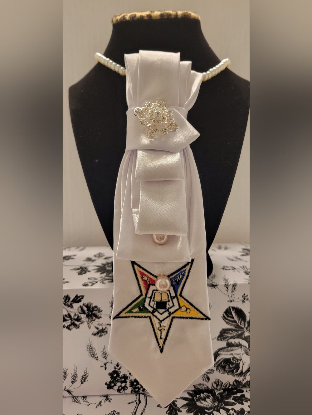 Ivory Satin Tie with Embroiderrd Star and Pearl Accents